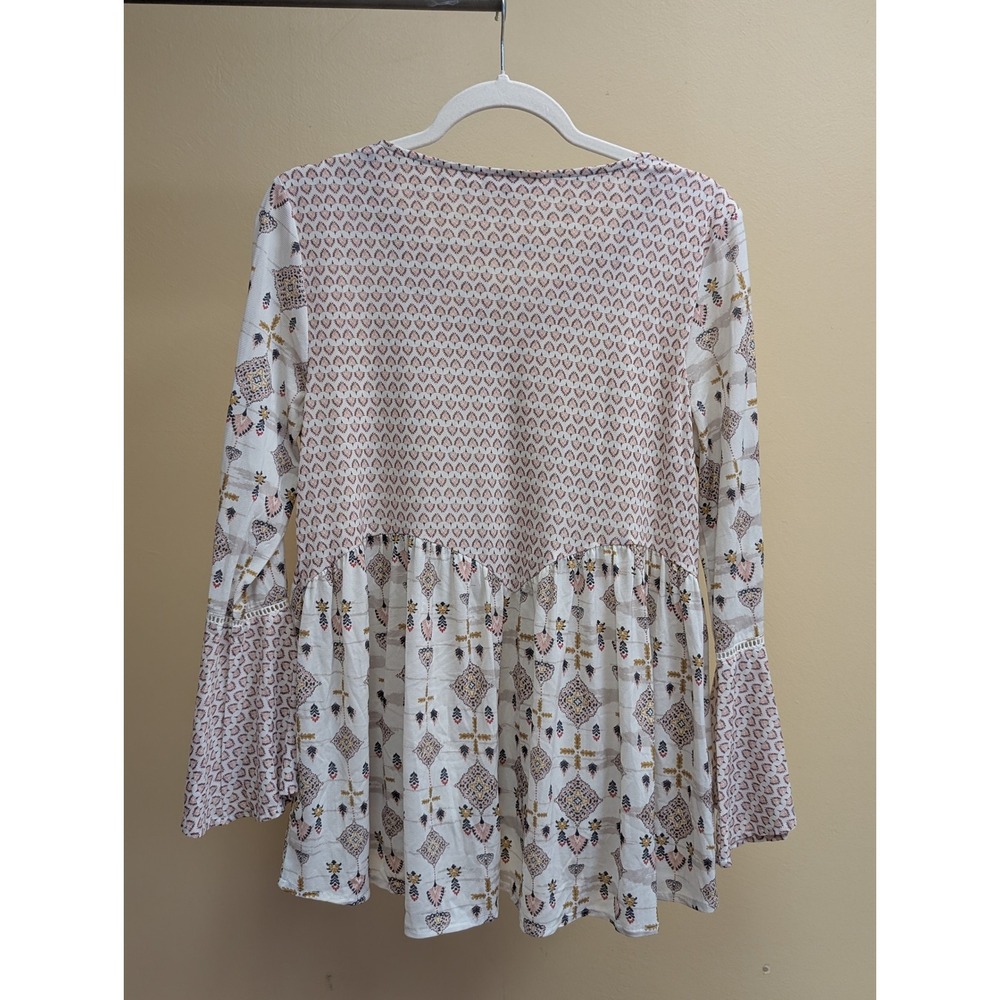 Style & Co Peplum Boho Peasant Blouse M Bell Sleeve Tassel Tie Mixed Print Indie - Picture 8 of 14
